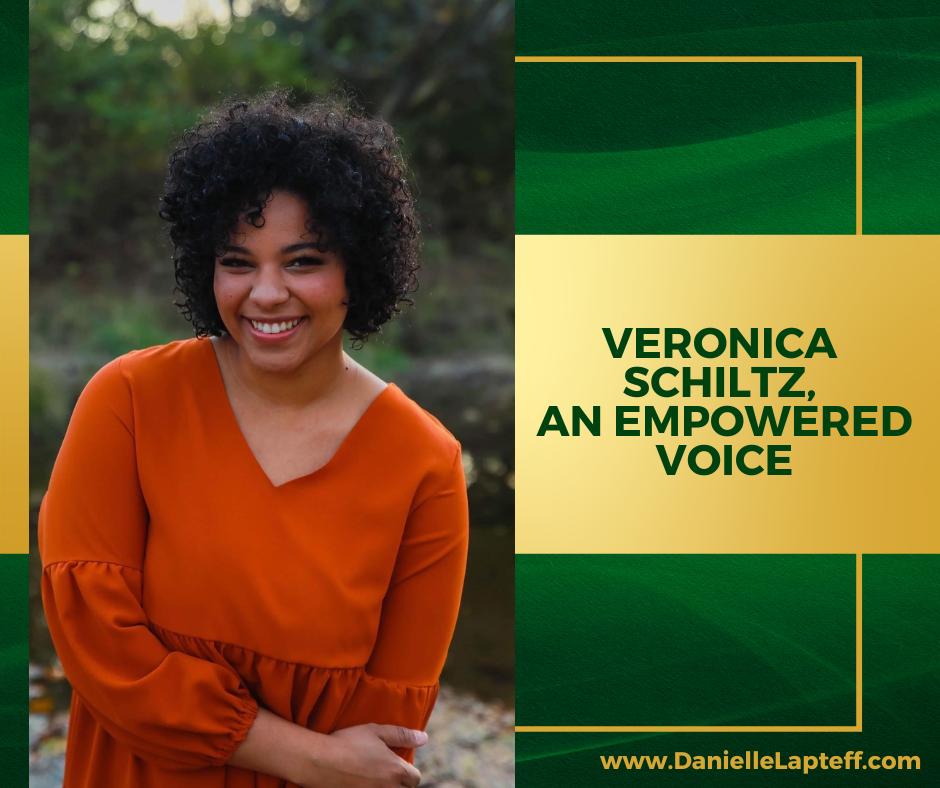girl with short dark hair, smiling, orange dress, green and gold background, Veronica Schiltz: An Empowered Voice