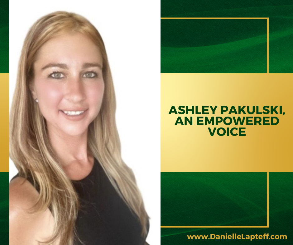 Blonde girl smiling, green and gold background, Ashley Pakulski, An Empowered Voice