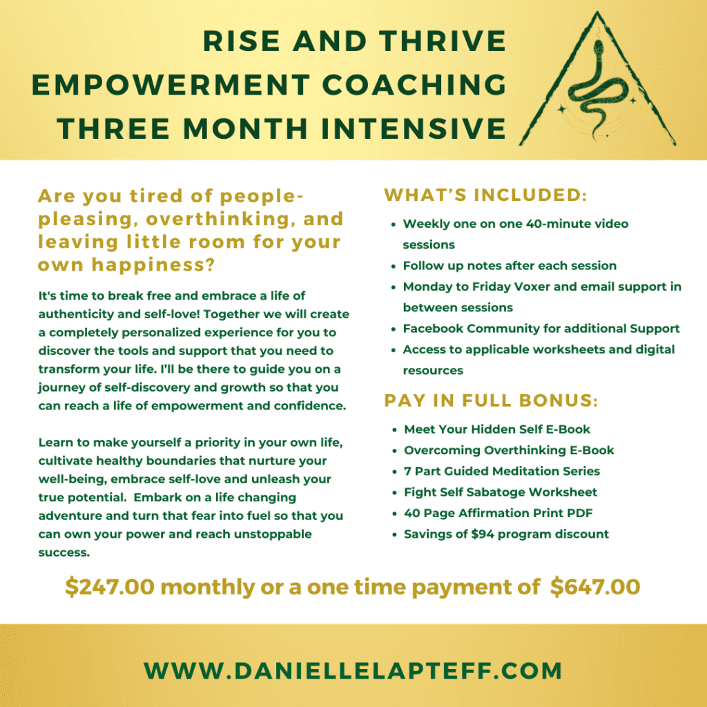 rise and thrive coaching package details with danielle lapteff logo of snake inside triangle