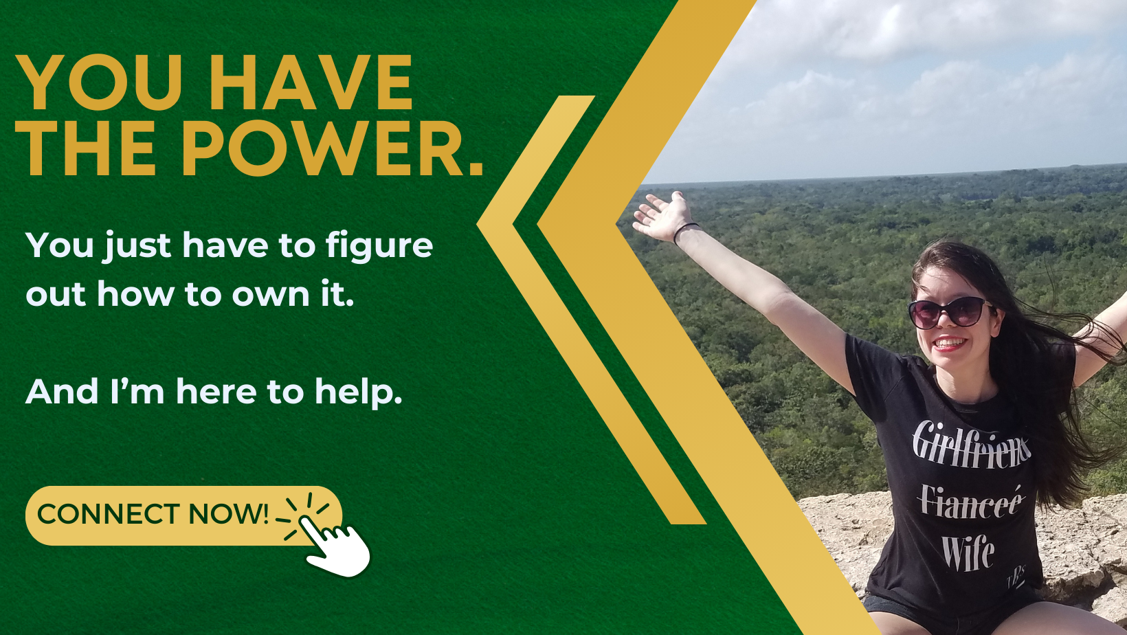 girl with dark hair sitting on mountain with nature view, long hair, arms out, sunglasses, green and gold background, you have the power