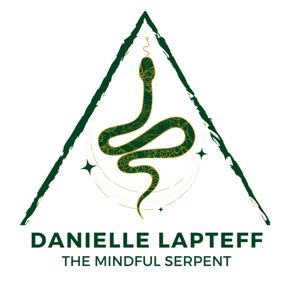 shop logo for the mindful serpent with snake under a triangle