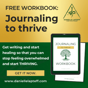 tablet with journaling pages on it, logo with snake and triangle, gold and green background, journaling to thrive ad