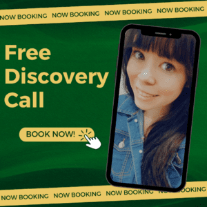 photo of girl with dark brown hair and bangs, jean jacket, green background with gold text and banners, free discovery call