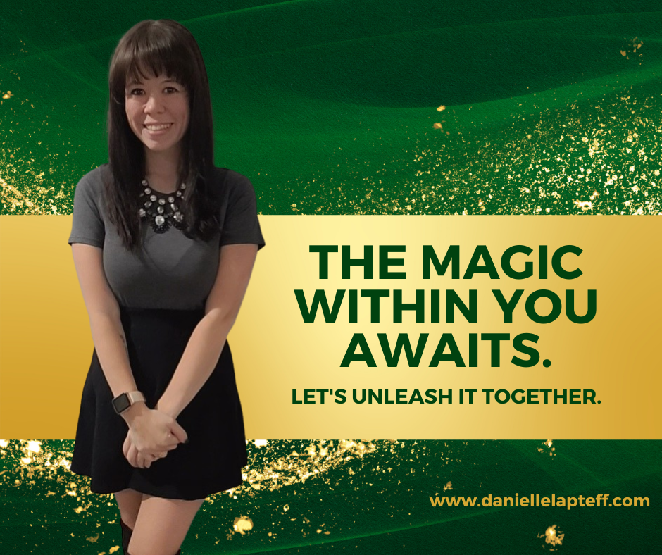 girl with bangs and long hair, arms crossed, green and gold background, the magic within you awaits