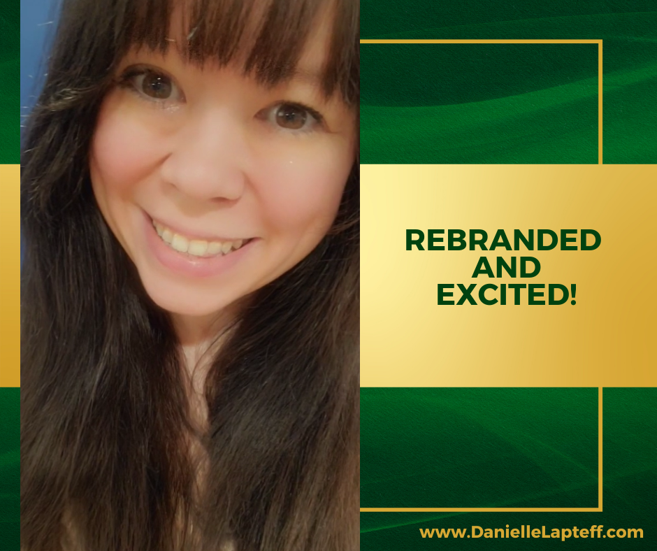 smiling girl with dark hair and bangs, green adn gold background, danielle lapteff rebranded and excited