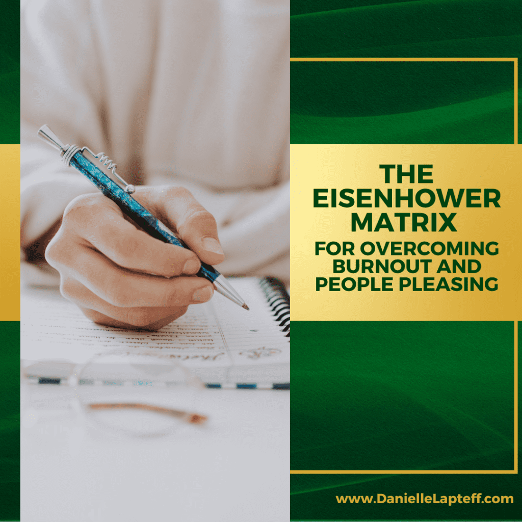 hand holding pen, taking notes, green and gold background, The Eisenhower Matrix title