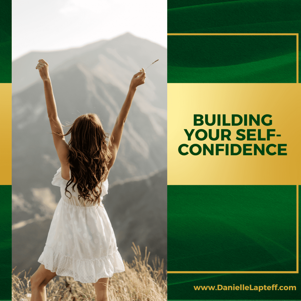 a woman with here hainds in the air in front of a mountain with a green and gold background and title building your self-confidence